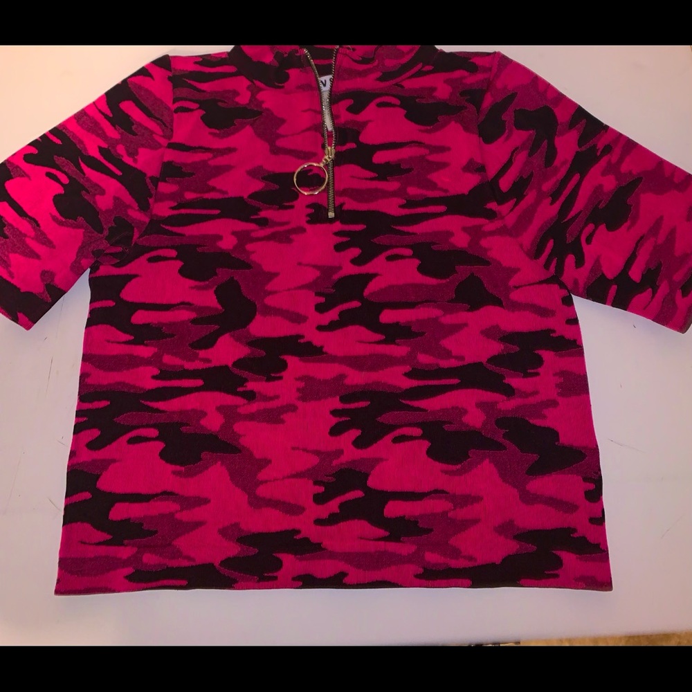 Hot Pink Camo Print half zip crop top (short turtleneck)